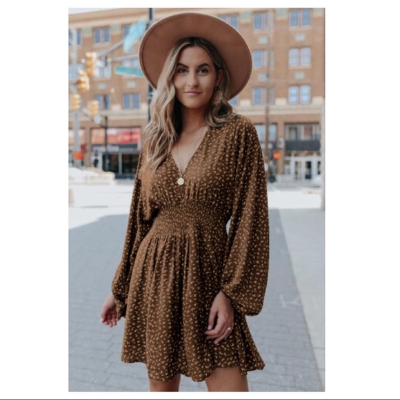 Boho Brown Floral Long Sleeves Dress - Picture 3 of 6